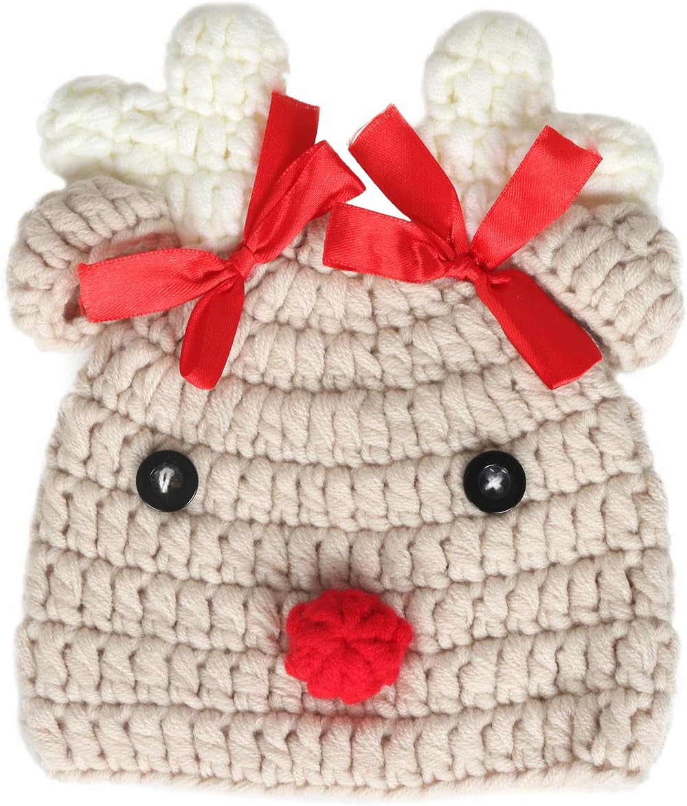 Infant Baby Knitted Beanie Photo Prop Crochet Knit Cap Christmas Cap Deer Hat with Bow