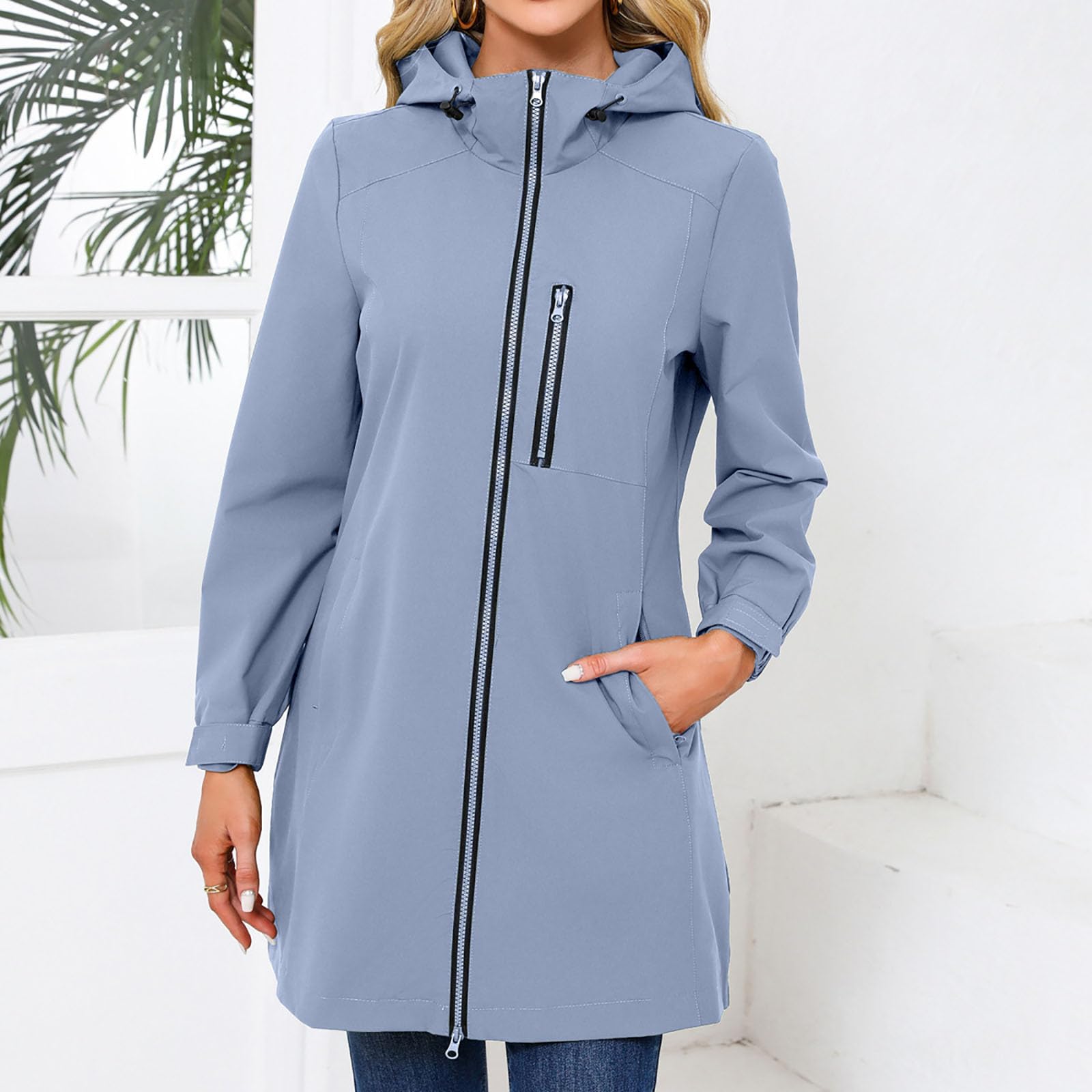 NZYIHAO Trench - Giacca impermeabile da donna, antivento, casual, tinta unita, con cappuccio, giacca a vento invernale con chiusura lampo, a maniche lunghe, giacca invernale larga, taglie forti
