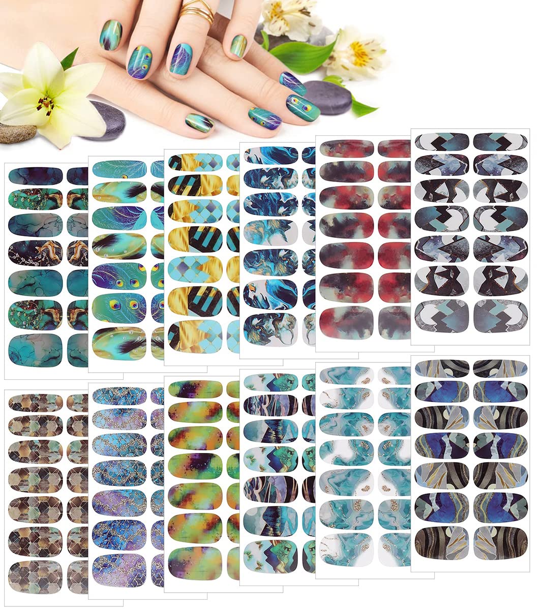KASTWAVE Marble Nail Art Polish Stickers Full Wrap Strips 12 Sheets, Self-Adhesive Nail Polish Stickers Decal Marble Printed Full Wraps Strips Nail Art Polish Decals for Women Girls