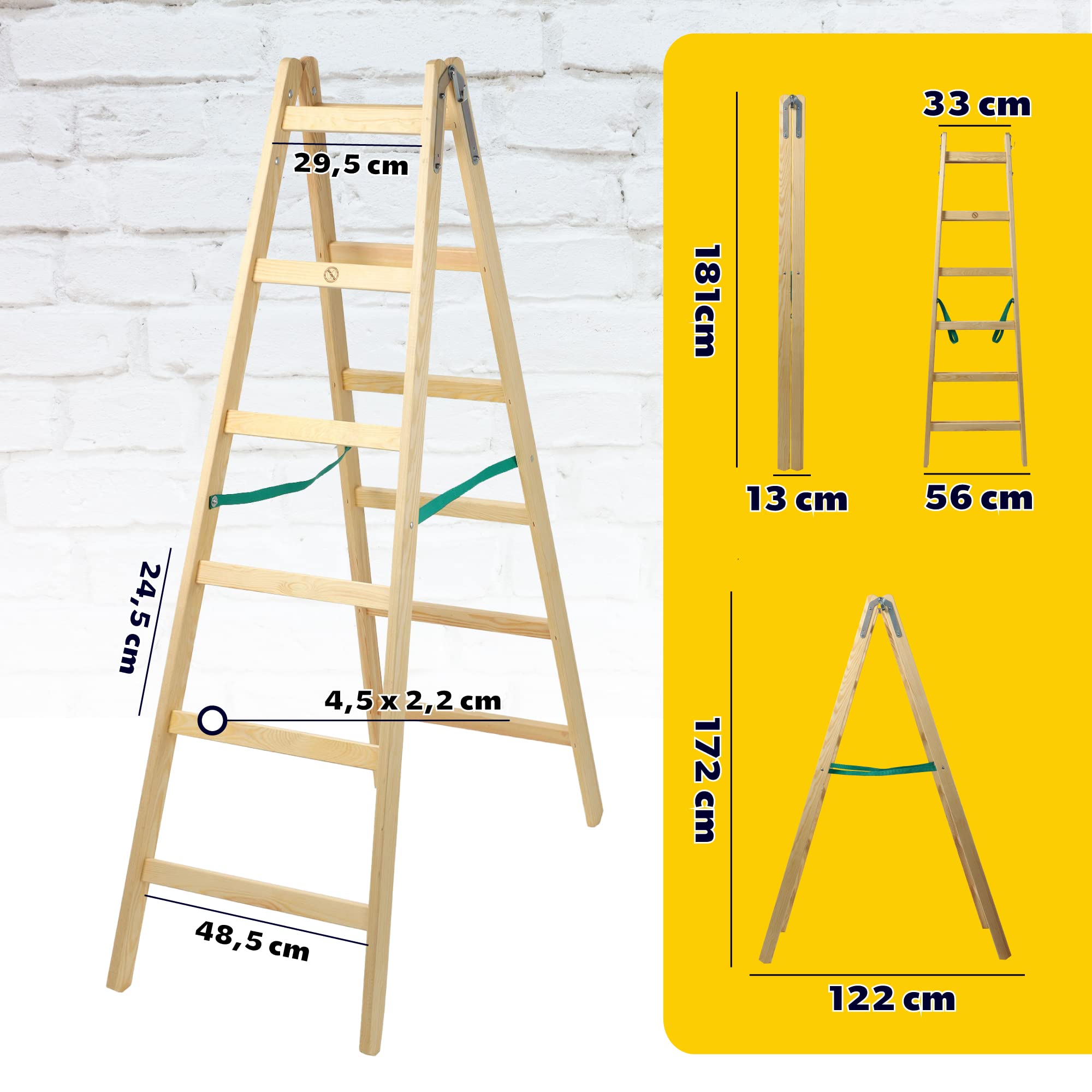 KADAX Échelle double en bois jusqu'à 150 kg, pliable, double marche avec crochet en acier pour peintre, électricien, escabeau ménager (6 échelons)