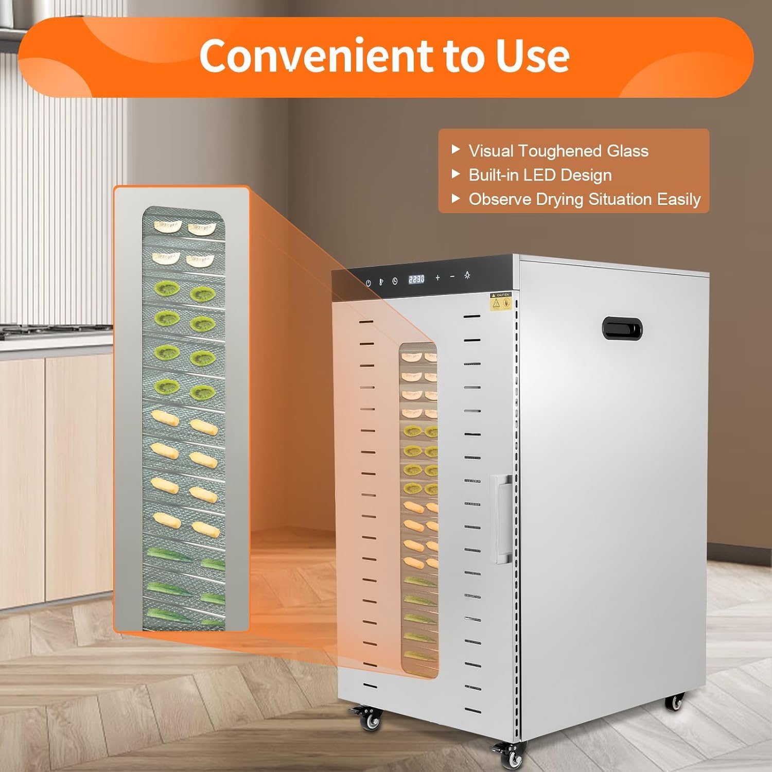 Deshidratador De Alimentos Comercial De 20 Capas Y 1700 W, De Acero Inoxidable, con Pantalla Led Y Ruedas Secar Frutas, Verduras, Carnes Y Especias.
