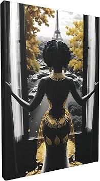 African American Wall Art Paris Black Girl Modern Painting Canvas Prints Black And Gold Wall Art Bedroom Living Room Bathroom Decor Framed Artwork 12 * 18 inch