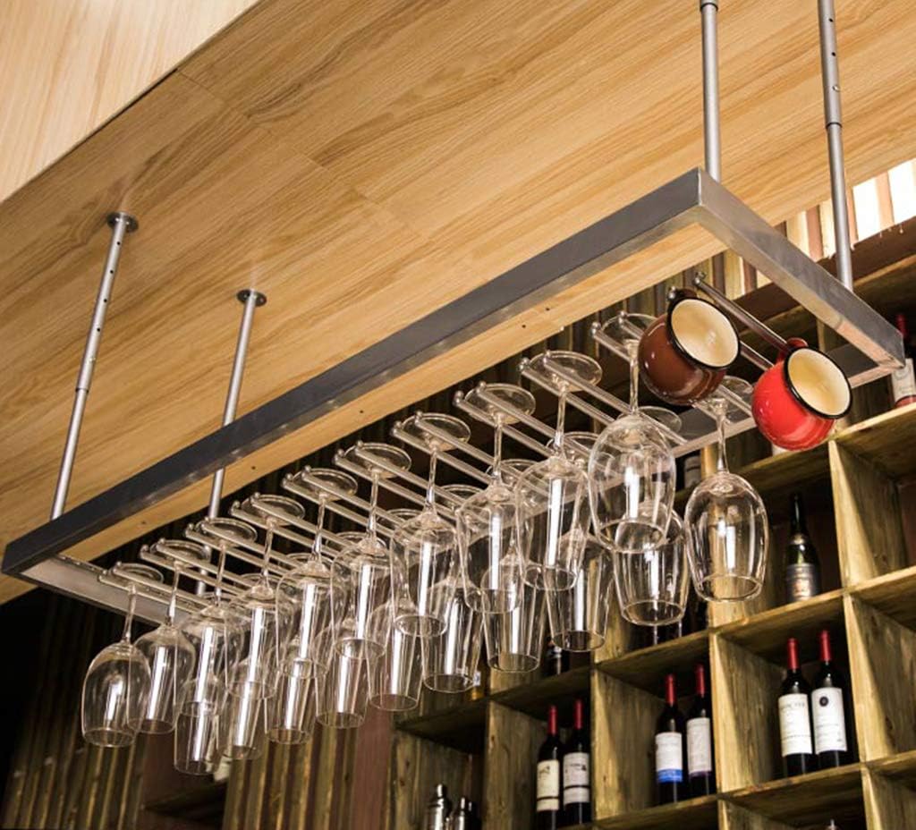 Ceiling Mounted Metal Stemware Wine Glass Organizer Rack Silver Wine Goblet Holder for Bar or Dining Room Space Saving Hanging Storage Solution