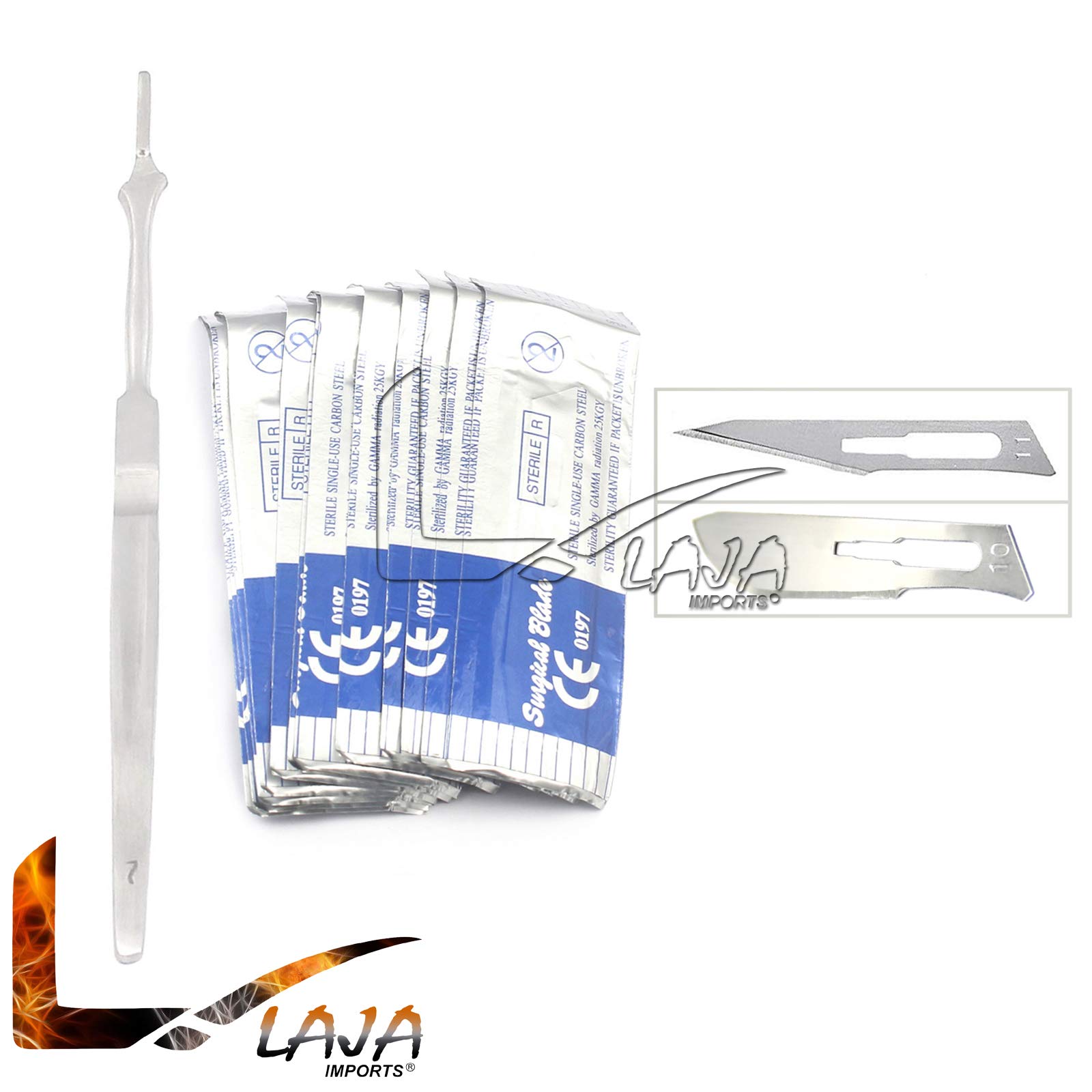 1 Stainless Steel Scalpel Handle #7 + 20 STERILE Carbon Steel Scalpel Blades #10 & #11 (LAJA IMPORTS Brand)