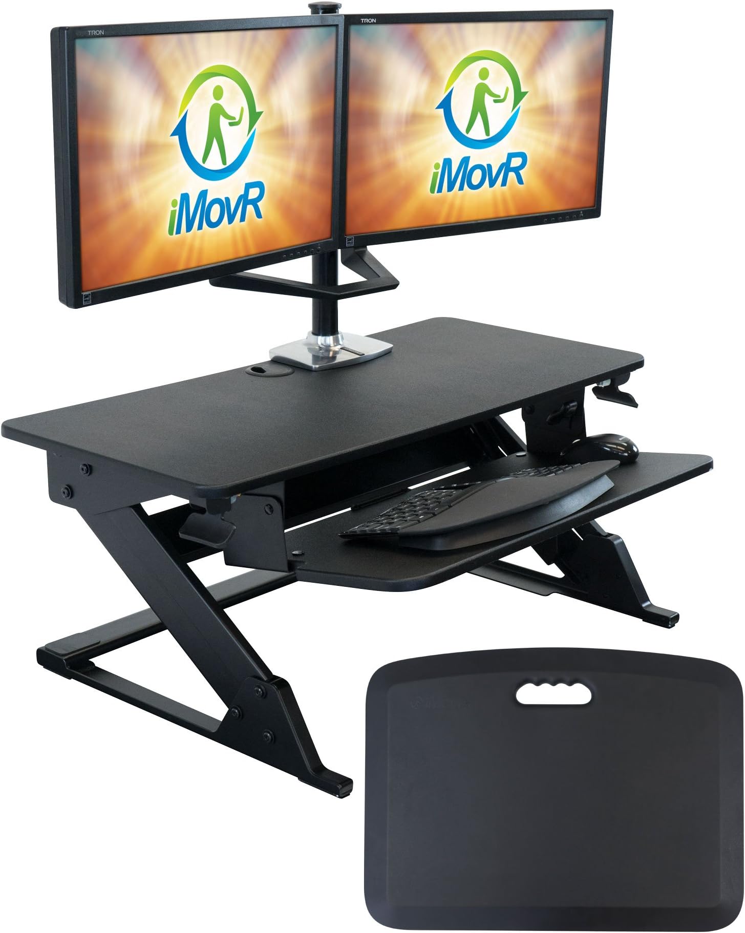 ZipLift+ Classic 35" Standing Desk Converter with Ergonomic Tilting Keyboard Tray in Black with EverMat Standing Mat