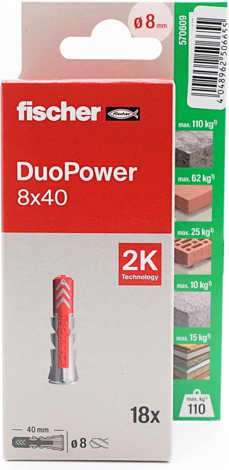 fischer Duopower 8 x 40-18U Wall Anchors Various Materials Suitable for Hanging Bicycles, Pictures, Cabinets, TVs, Shelves, Furniture