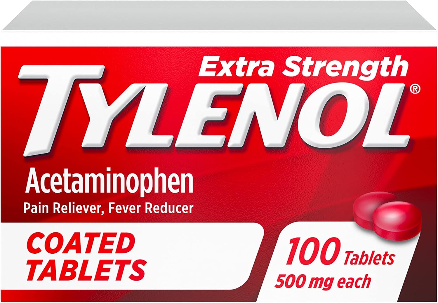Tylenol Extra Strength Pain Relief Coated Tablets for Adults, 500mg Acetaminophen Pain Reliever and Fever Reducer per Tablet for Minor Aches, Pains, and Headaches, 100 ct