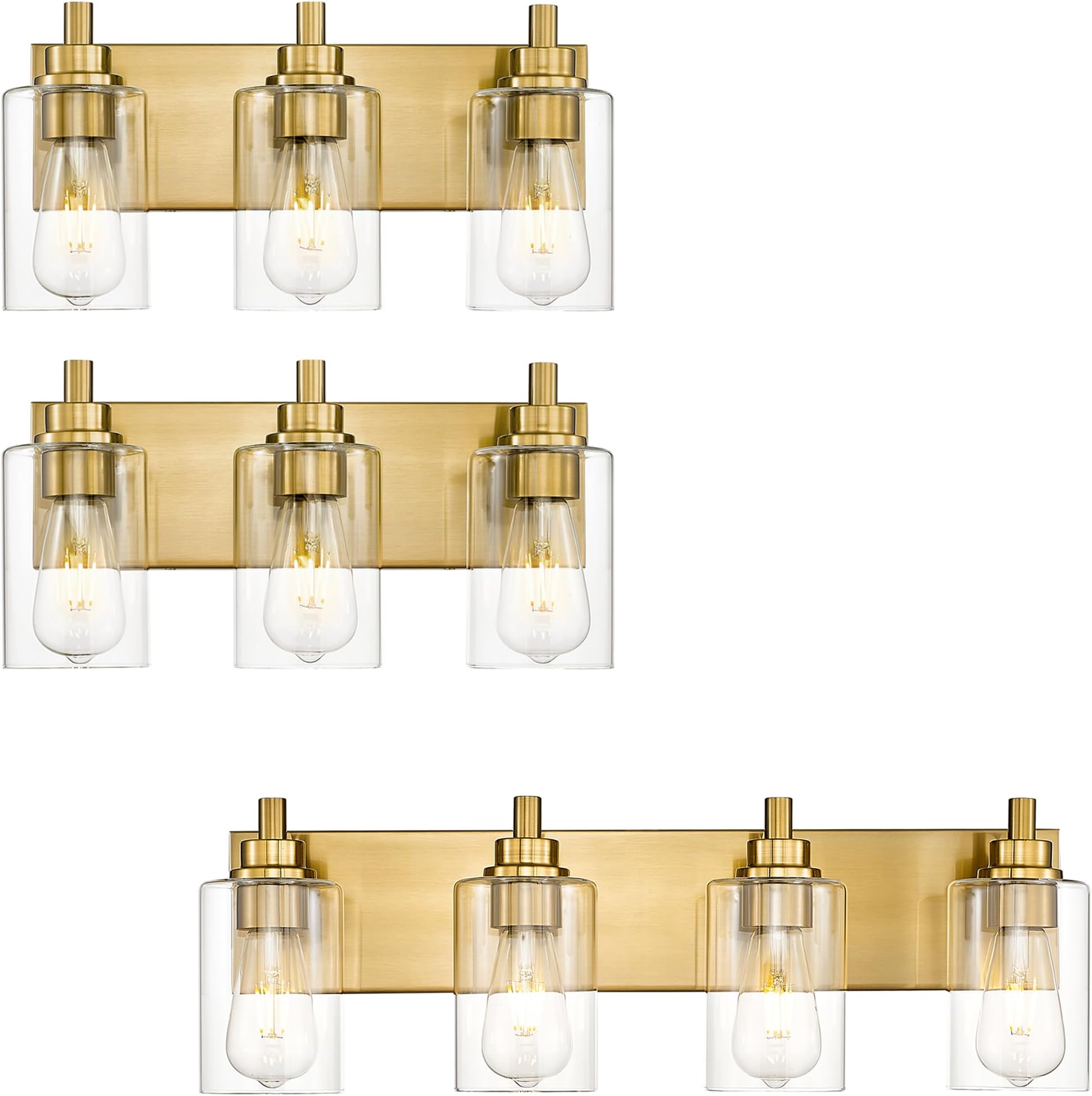 METWET 4-Light and 2 Pack 3-Light Bathroom Light Fixtures, Brushed Gold Vanity Light with Cylinder Clear Glass Shade, Modern Vanity Lighting Fixtures Over Mirror, VL143