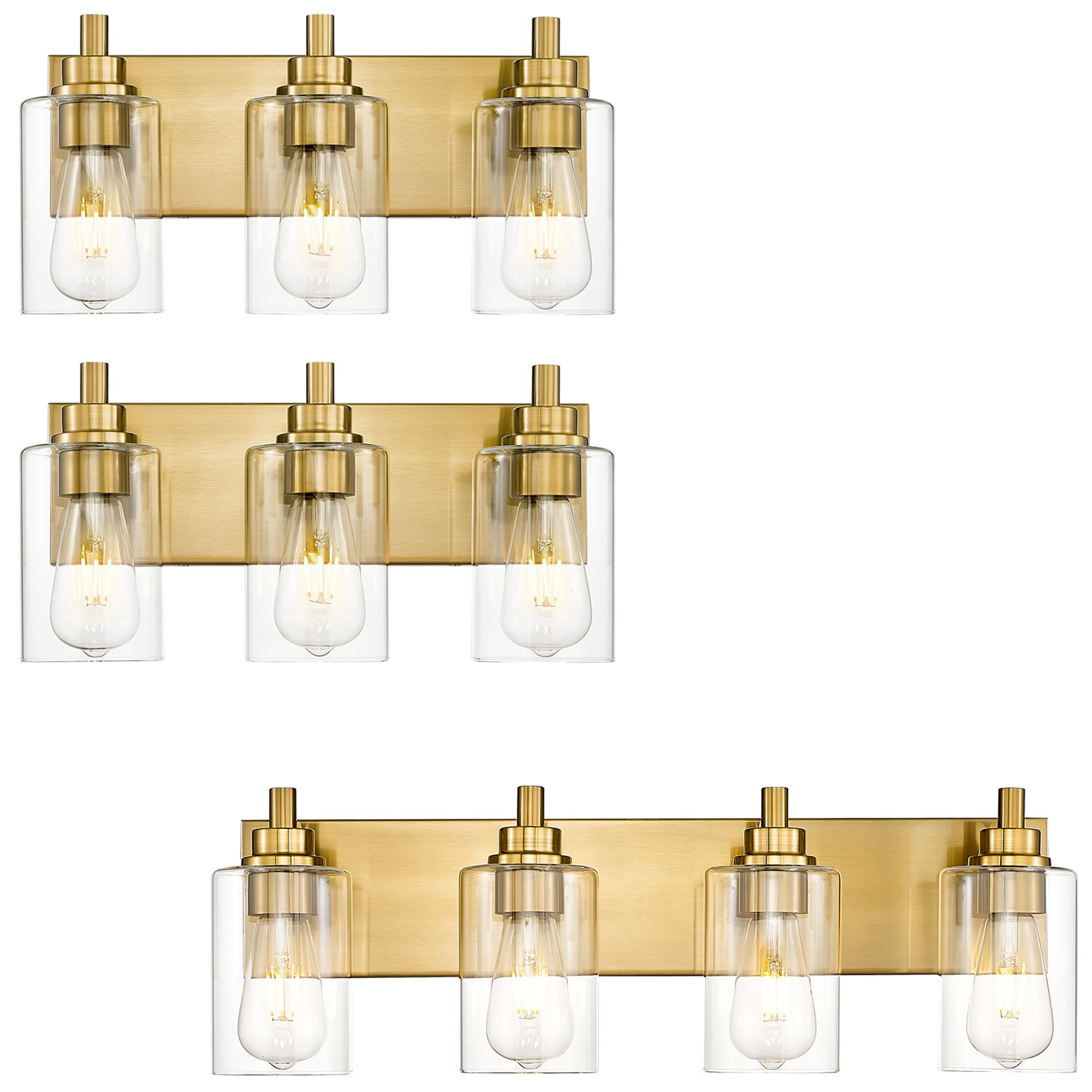 METWET 4-Light and 2 Pack 3-Light Bathroom Light Fixtures, Brushed Gold Vanity Light with Cylinder Clear Glass Shade, Modern Vanity Lighting Fixtures Over Mirror, VL143
