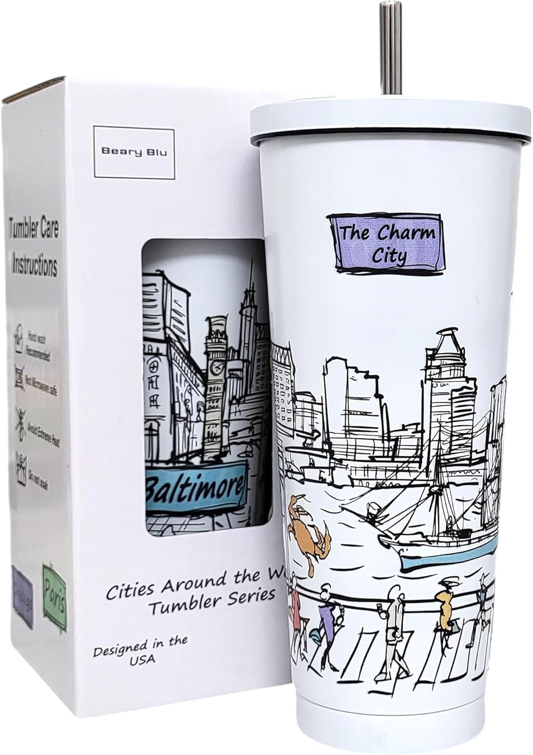 Cities Around the World 25 Oz Tumbler Series - Designed in the USA - Vacuum Insulated Tumbler with Lids & Straw - Stainless Steel Coffee Water Travel Mug, Cup for Hot Cold Drink (Baltimore)