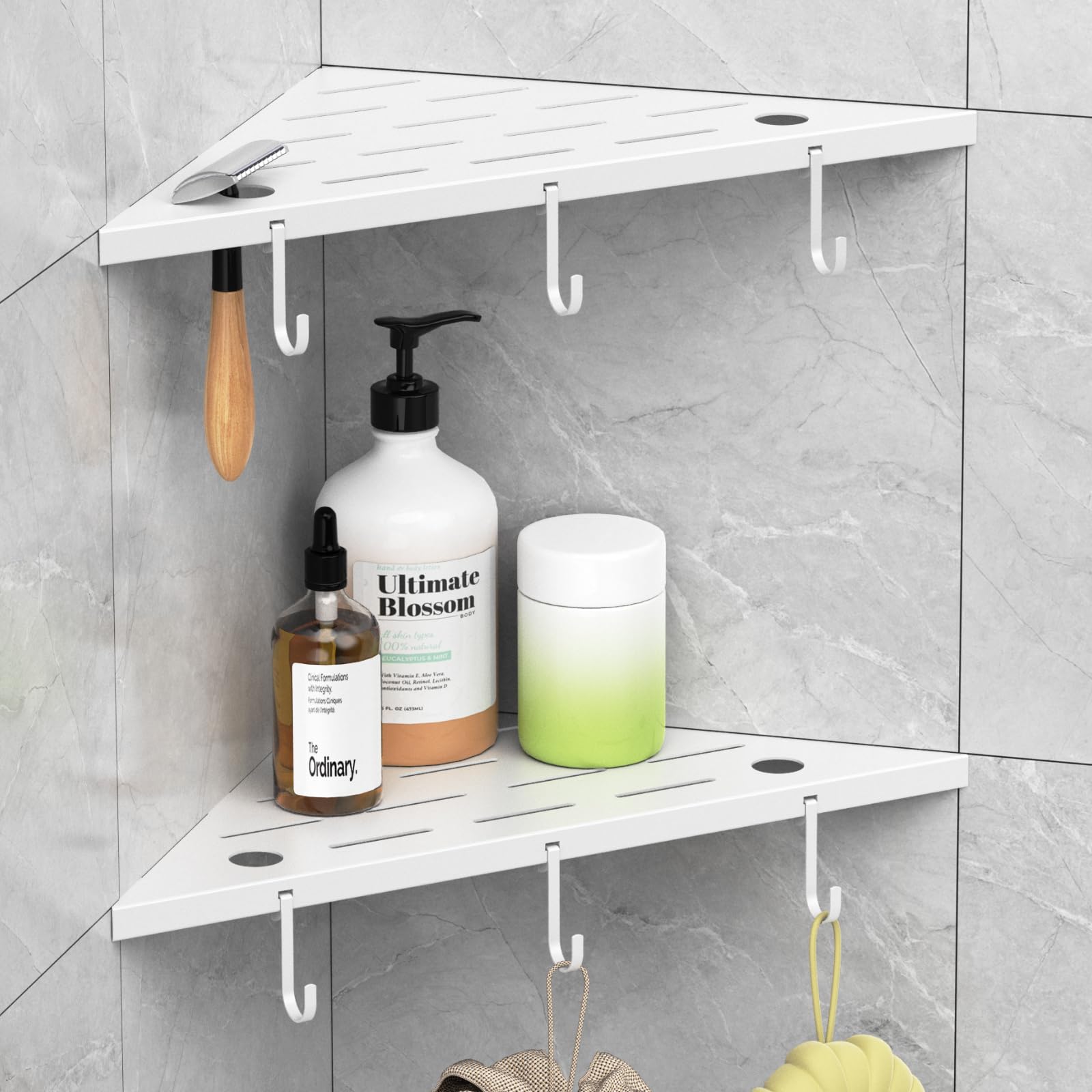 SZWQILIN Corner Shower Shelves, 10" White 304 Stainless Steel Recessed Shelf for Bathroom，Grout in Shelf with Hooks for Tiled Wall 2 Pack (White)