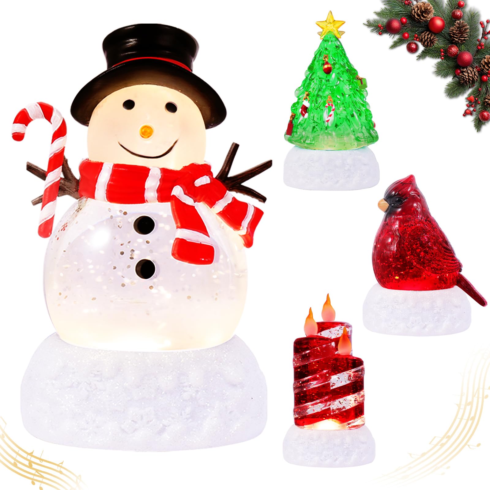 4 Pack Christmas Snow Globes Tree Snowman Cardinal Candle with 8 Songs Music Box and 6H Timer USB &amp; Battery Powered Water Globe Swirling Glitter for Holiday Decorations (Tree Snowman Cardinal Candle)