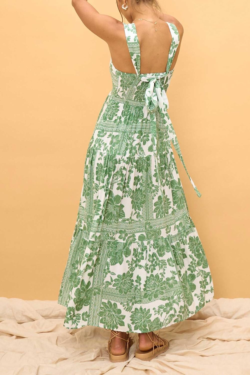 Women's Loose Floral Bohemian Spaghetti Strap Tiered Ruffle Flowy Boho Long Maxi Tent Dress with Pockets