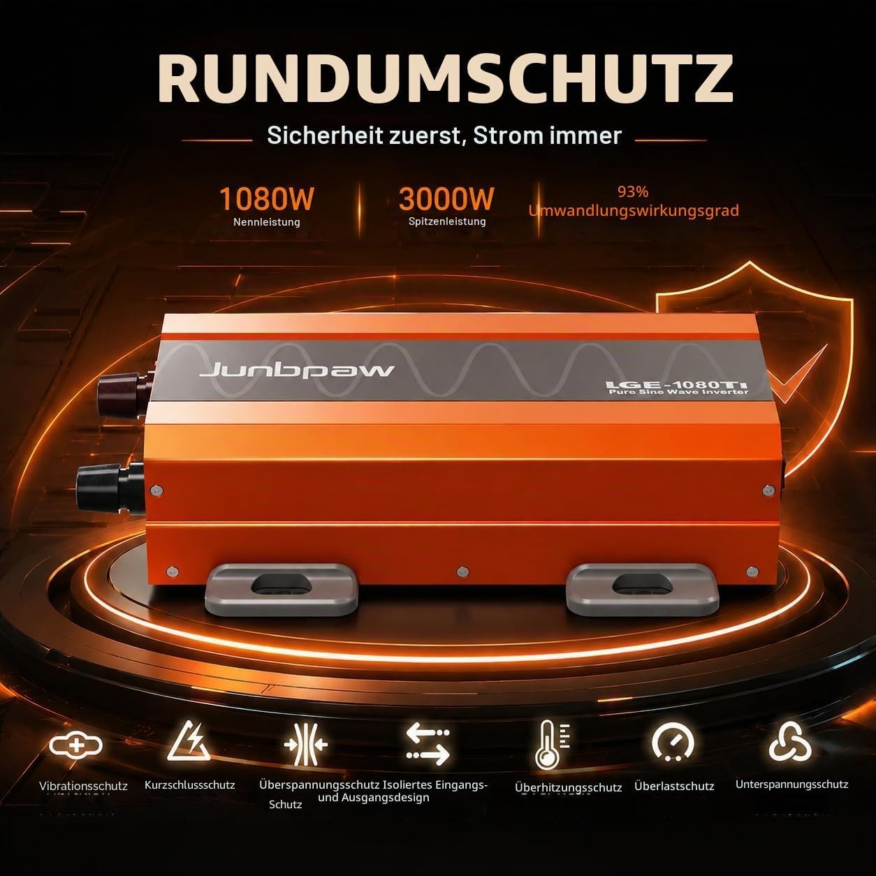 1080W Reiner Sinus Wechselrichter 12V auf 230V AC | Leiser Lüfter & Feststoffkondensatoren, 3000W Spitzenleistung, Innovatives Design für Zuhause, Wohnmobil, Camping, Off-Grid & Outdoor-Abenteuer