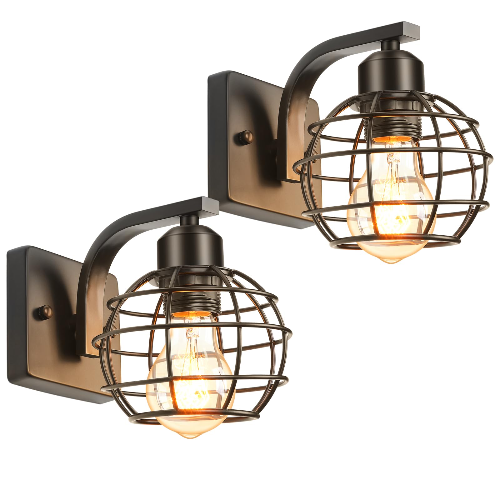 LIGKIN 2 Piezas Aplique de Pared Interior Vintage, Lámpara Industrial E27 Metal, Diseño de Jaula Ø 13.5cm Negro, para Salón, Pasillo, Dormitorio