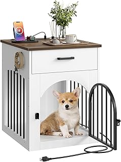 Dog Crate Furniture, Wooden Dog House with Charging Station and Storage Drawer, Indoor Pet Crate End Table for Small Breeds, for Living Room, Bedroom, White and Walnut MGW01UWL