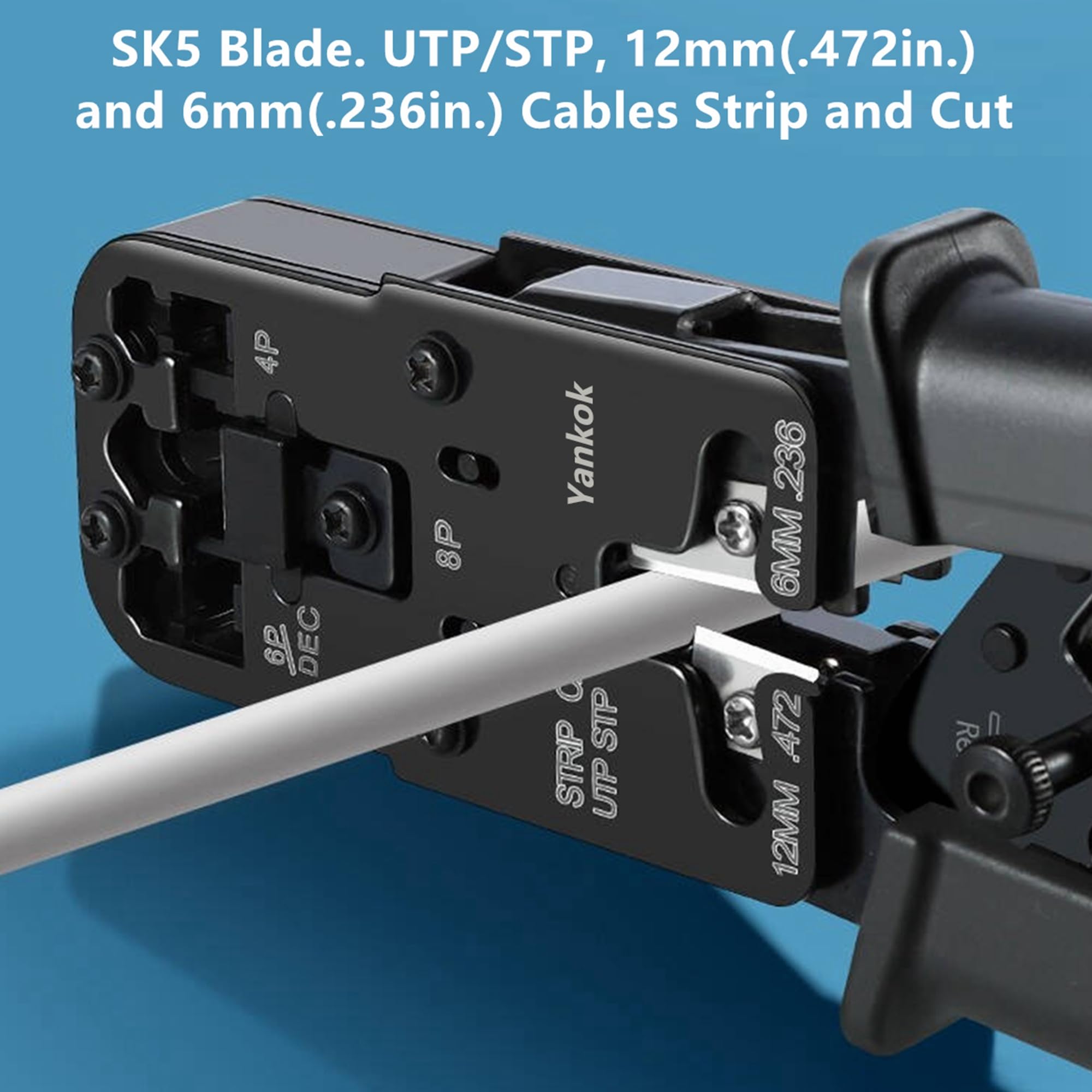 Yankok Modułowa zaciskarka wtykowa HT-022: zaciskane złącza RJ45 8P8C RJ12 RJ11 6P6C/4C/2C, RJ10 i RJ9 4P4C/2C, cięcie taśmowe i testowe kable Ethernet z testerem kabli