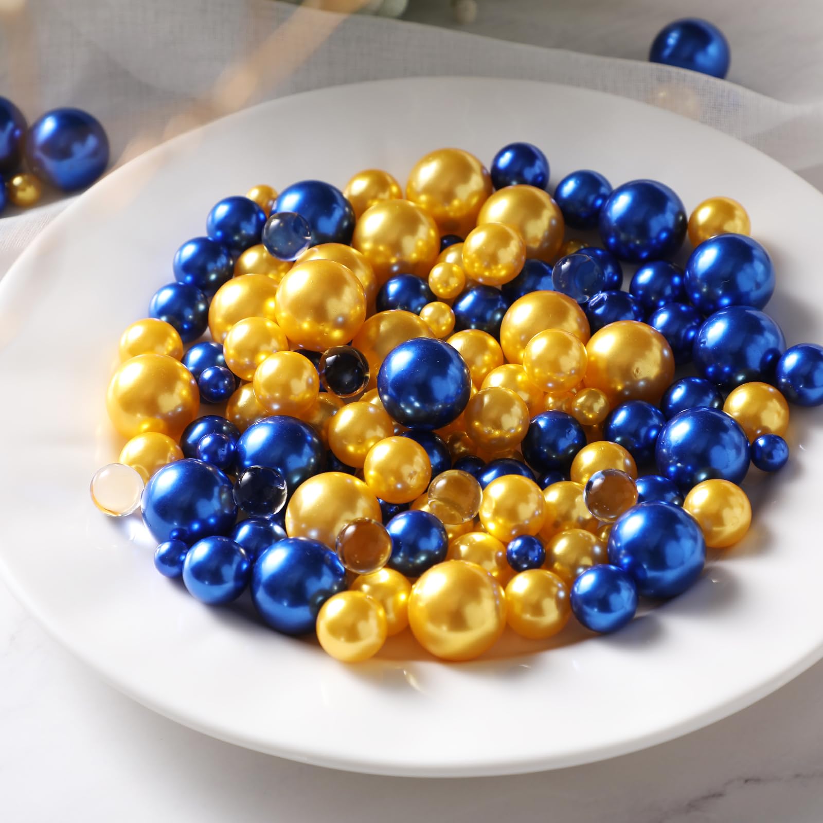 FFUW 200 Pcs Floating Beads for Centerpieces Vases Filler 8/14/20 mm NO Hole Floating Pearl Beads Home Weddings Table Centerpieces Party Decor, Gold, Royal Blue