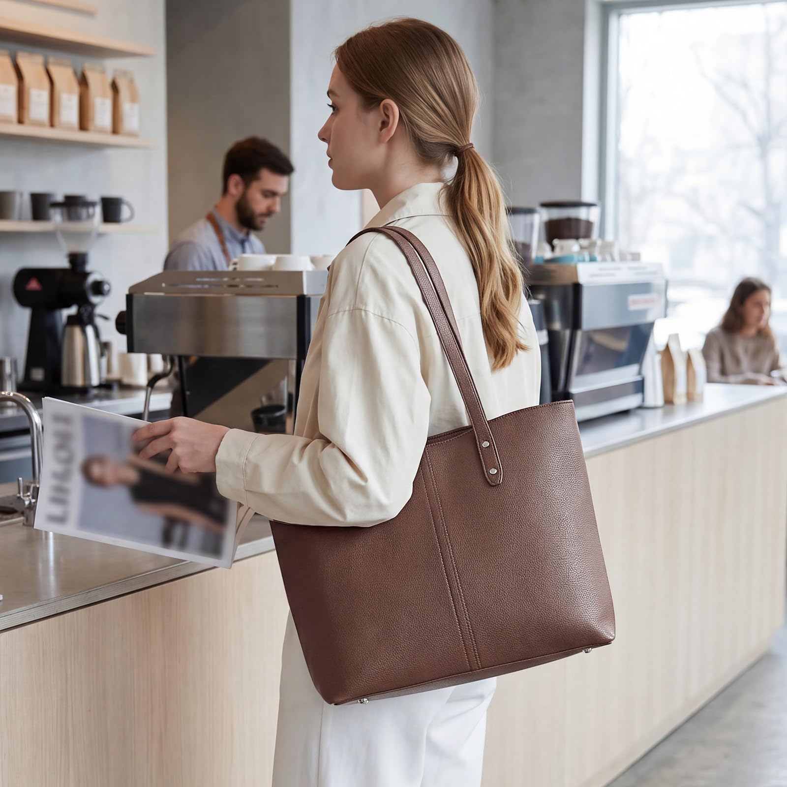 S-ZONE Grand sac fourre-tout en cuir végétalien pour femme, sac à main, voyage, déplacement, bureau, enseignante