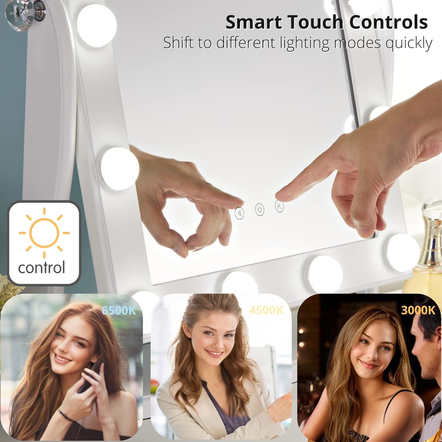 LUXFURNI Vanity Mirror with Lights, 13 LED Lights Makeup Mirror Smart Touch Control Dimmable 3 Color Modes, 90°Rotation, White