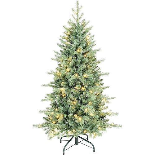 4 FT Prelit Artificial Skinny Christmas Tree,Blue Spruce Slim Pencil Xmas Tree with 566 PE&PVC Mixed Branch Tips and 130 UL Listed Clear Lights,Hinged Pine Tree with Metal Stand for Home Office Décor