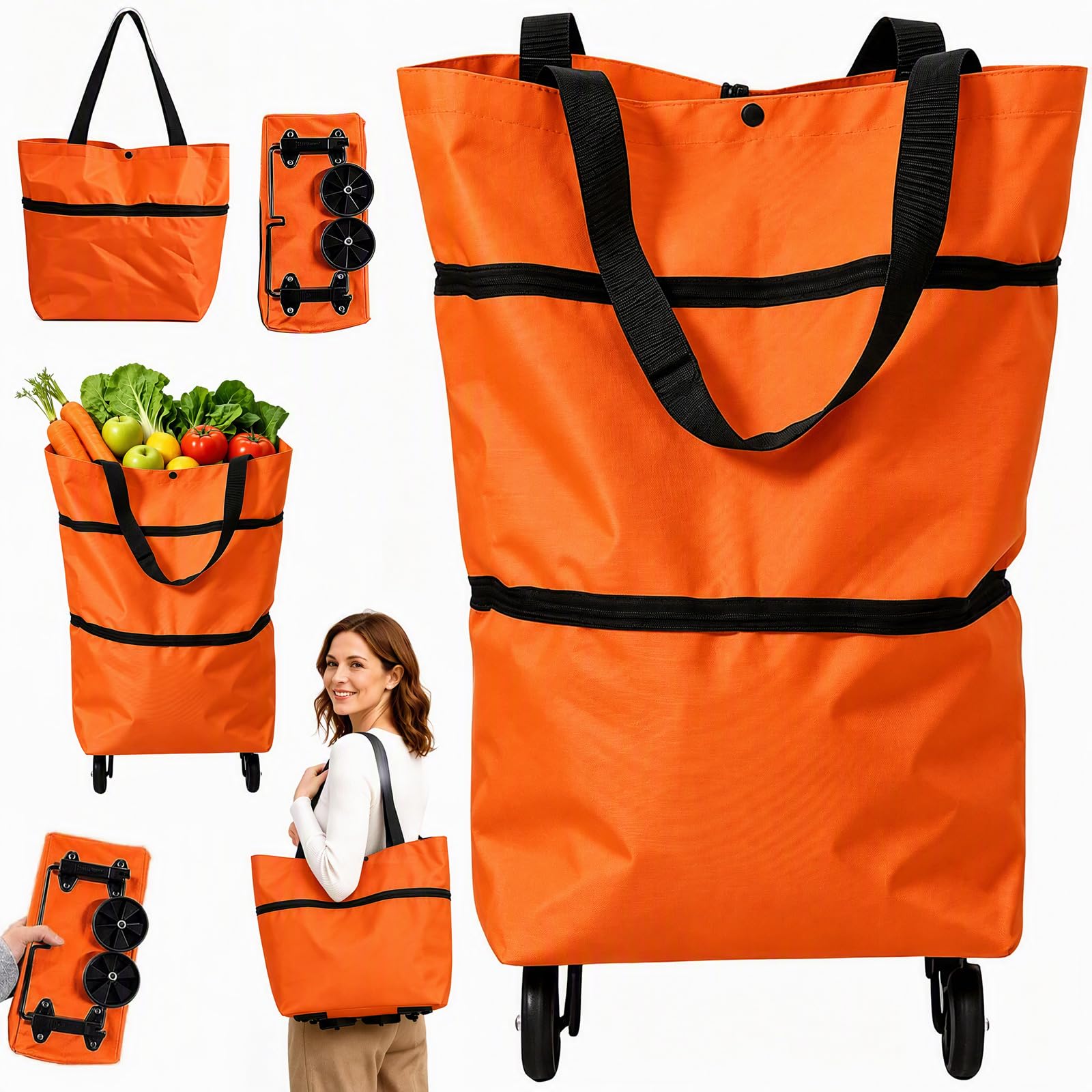 Shopping Trolley with Wheels,Foldable Shopping Bag Cart with Large Capacity Waterproof Fabric Bag,Reusable Wheeled Shopping Trolley for Supermarket,Travel and Daily Use(Orange)