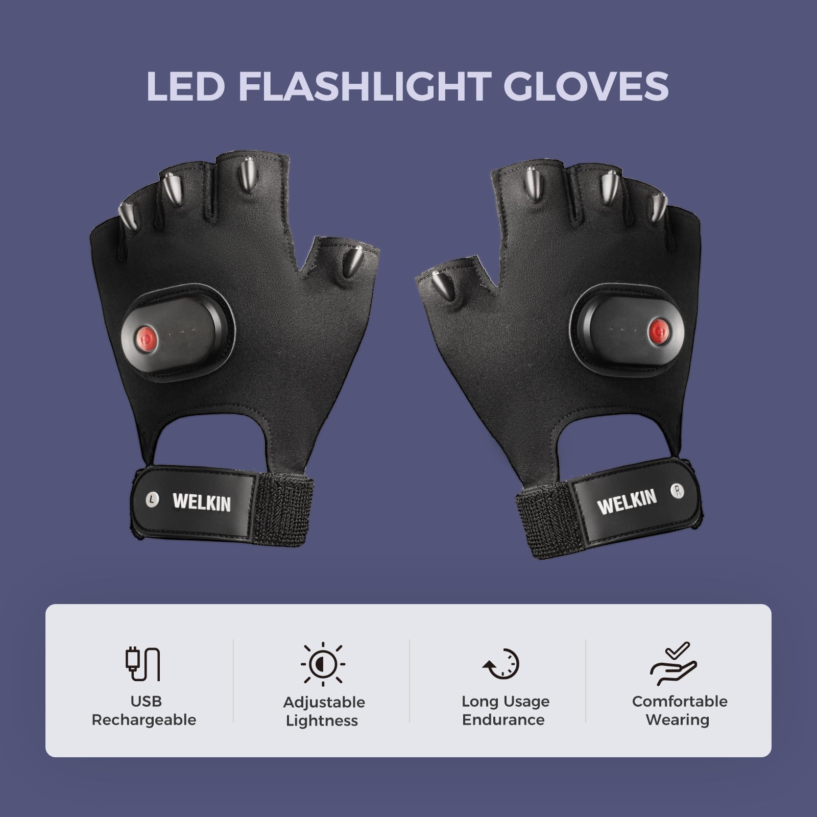 WELKIN Bright LED Flashlight Gloves, Rechargeable Finger Lights - Image 2
