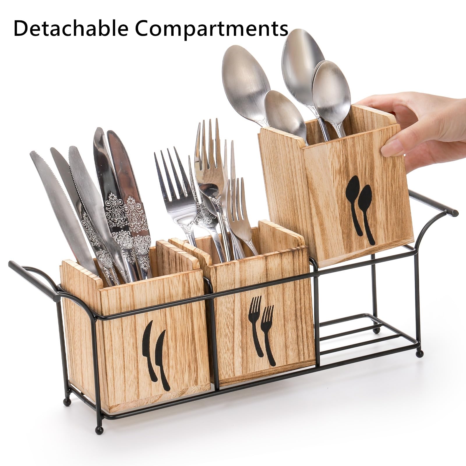 Soporte de utensilios de madera para fiestas, organizador grande de cubiertos de encimera con asa, 3 compartimentos desmontables, organizador de cocina con bandeja de metal para tenedor 5