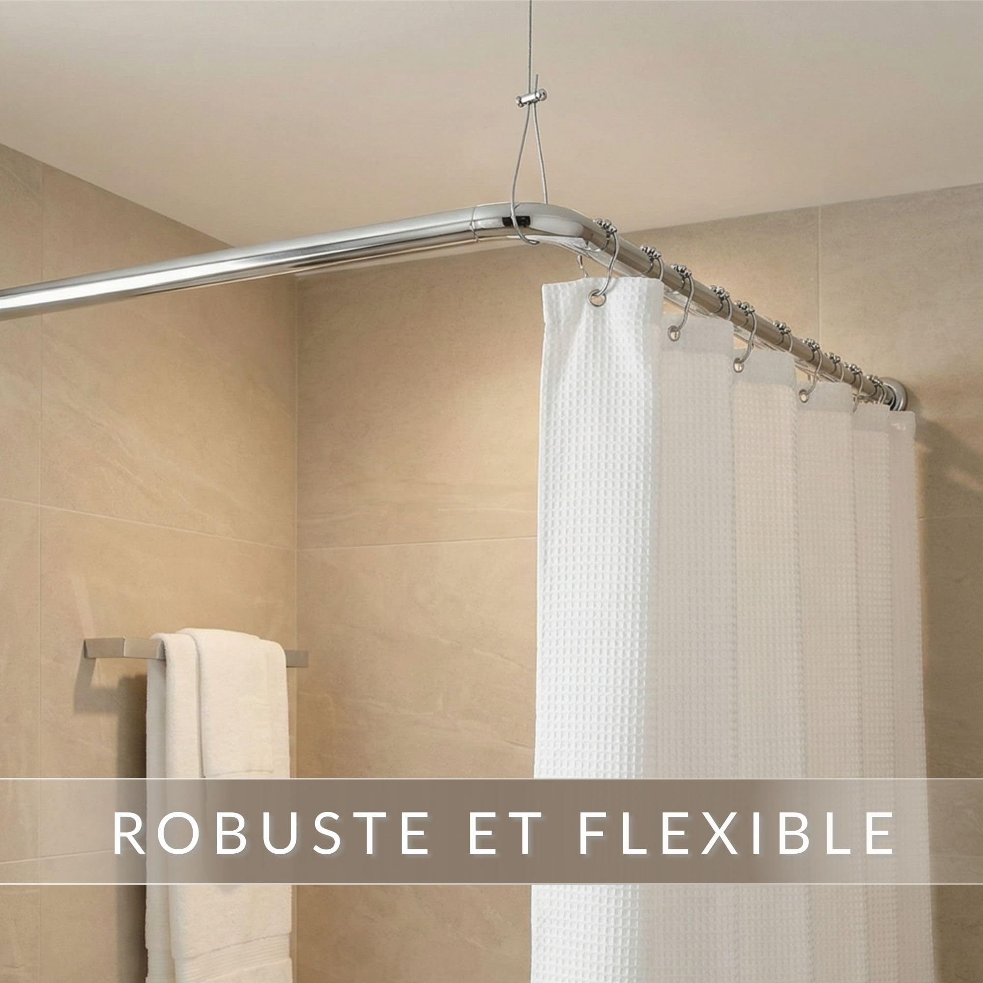 Tringle à rideau de douche universelle - Convient pour la forme en L et en U - Avec Supports de plafond - Pour baignoires - En matériaux inoxydables
