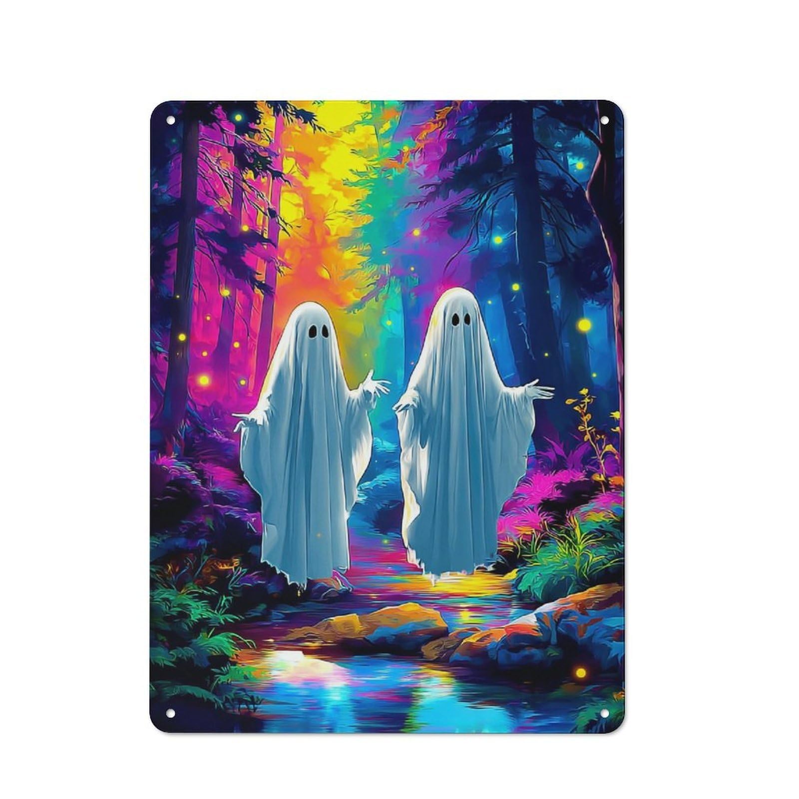 Junmoney Colorful Forest With Ghosts Metal Wall Sign 40X30cm Featuring For Garage Or Workshop, For Vintage Wall Decor Fans, For Metal Sign Collectors