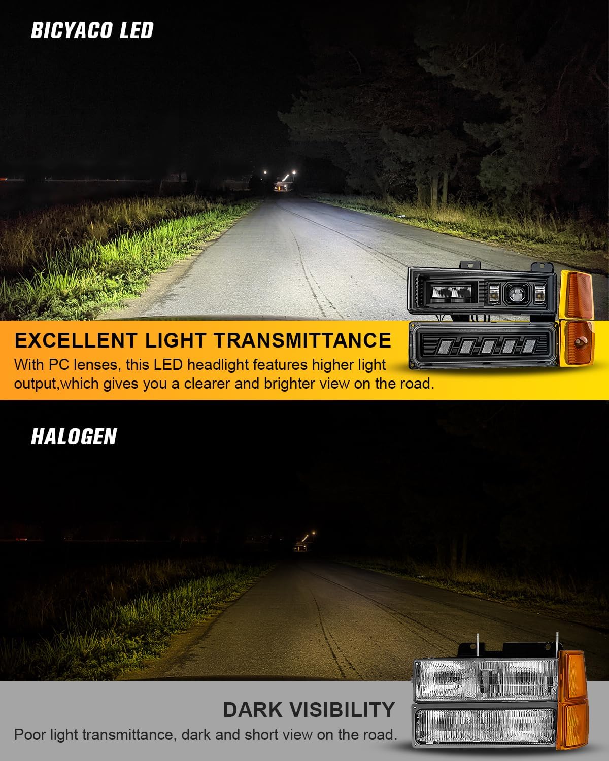 BICYACO 5-in-1 DOT LED Headlight Assembly with Turn Signal Side Marker, Anti-Glare 6600LM Hi/Lo Beam, IP67 Waterproof, Plug N Play for OBS 1994-1999 Chevy Silverado Tahoe Suburban C/K 1500 2500 3500