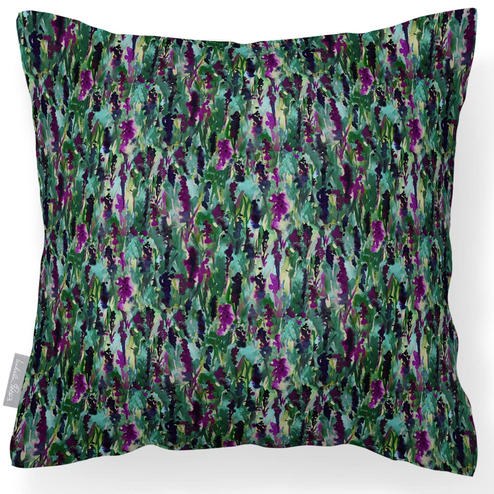Izabela Peters Floral Meadow - Violet On Shades Of Forrest Green Outdoor Cushions Waterproof, 43 Cm, Filled Outdoor Cushion, Floral Meadow - Violet, Garden Furniture Cushions, Outdoor Seat Cushions, Garden Chair Cushions