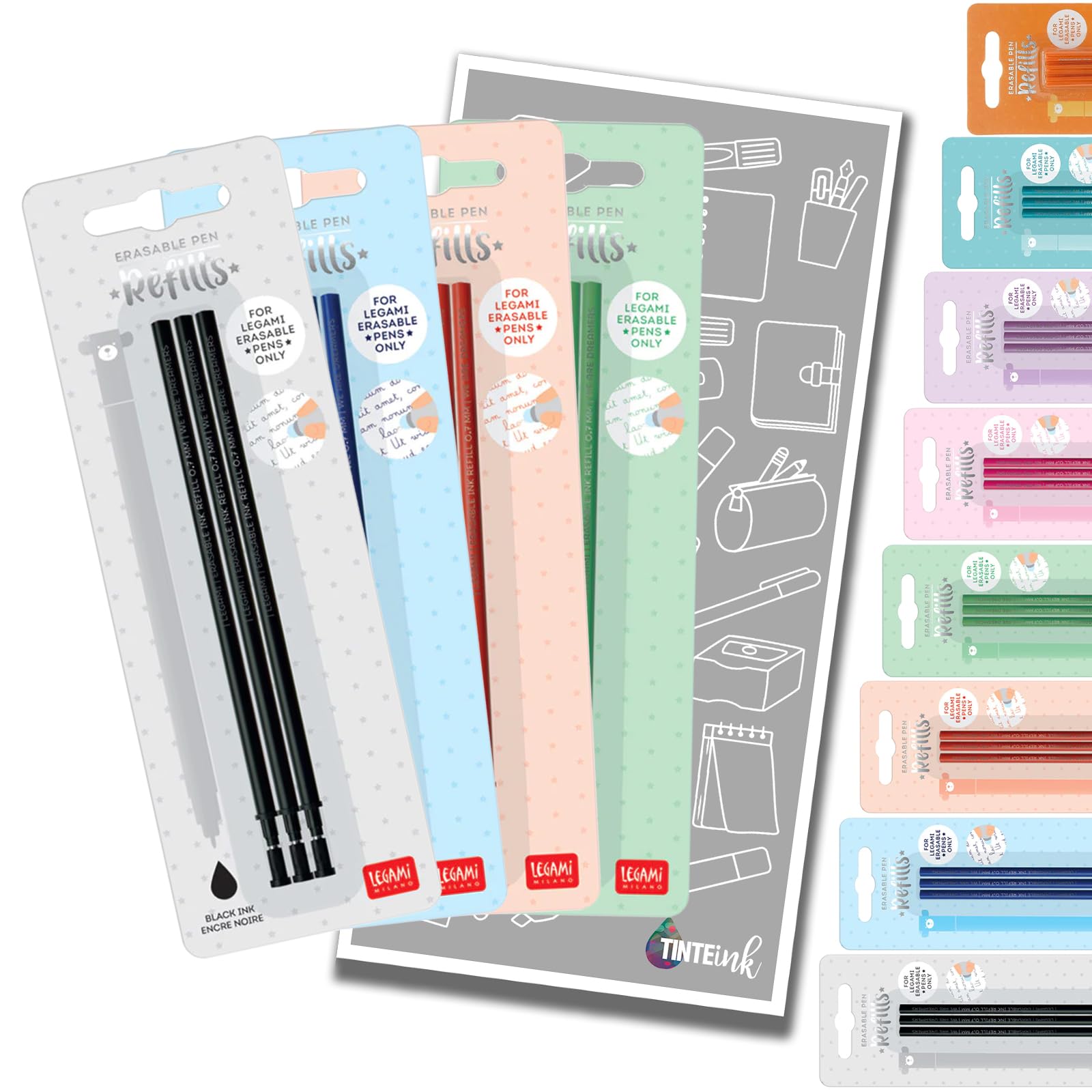 Legami Pen Refills Gel for Erasable Gel Pen Range with Tinte Ink Envelope (Blue, Black, Red & Green (Four Packs))