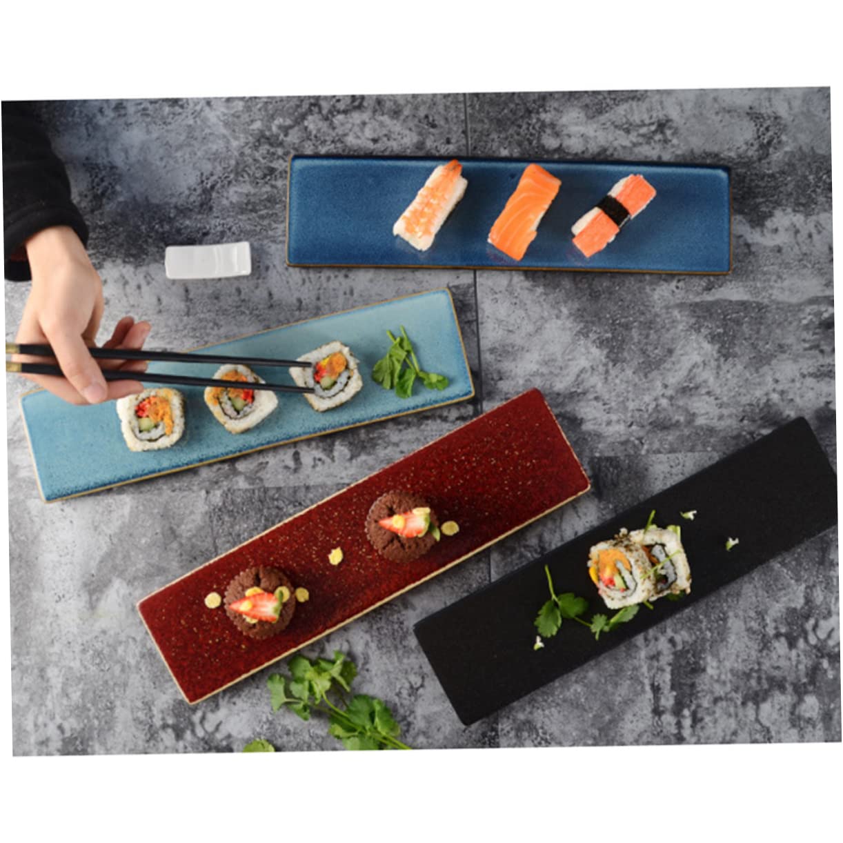TOPBATHY Assiette à Sushis Bleu Rectangulaire Style Japonerie en Céramique | Format Créatif, Usage Hôtels et Restaurants, Plat de Présentation pour Sashimi et Service de Table