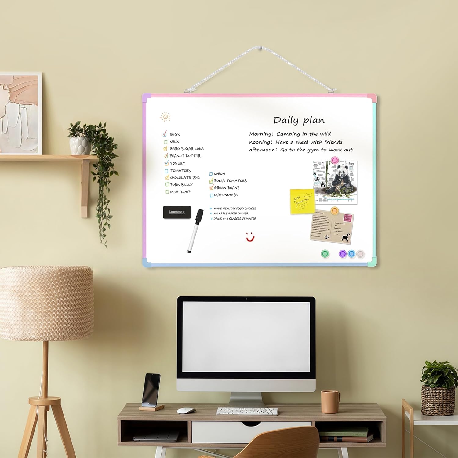 Dry Erase Board for Wall, 24" x 18" Double-Sided Hanging White Board with 6 Markers, 6 Magnets and 3 Mini Sticky Notes, Portable Whiteboard for Home, Office, School, Colorful Frame