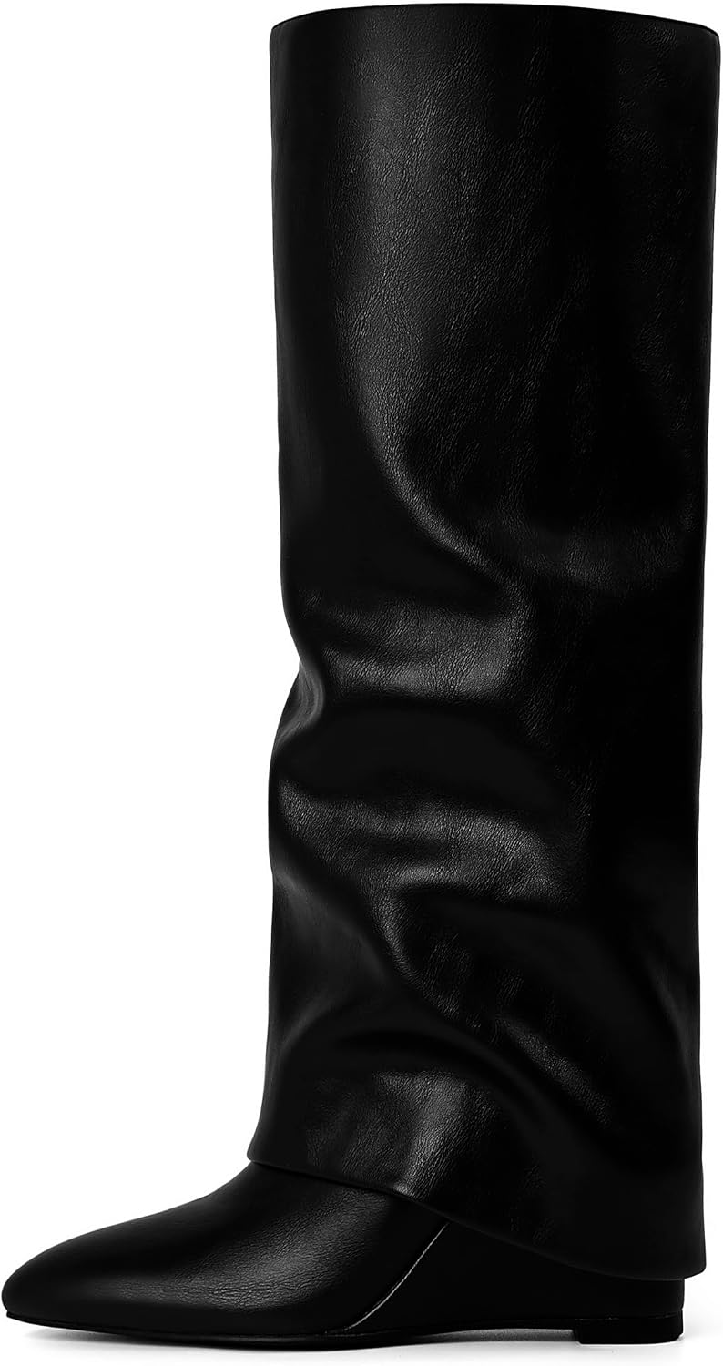 Knee High Boots Women Fold Over Boots Wedge Heel Pointed Toe Tall Boots image 4