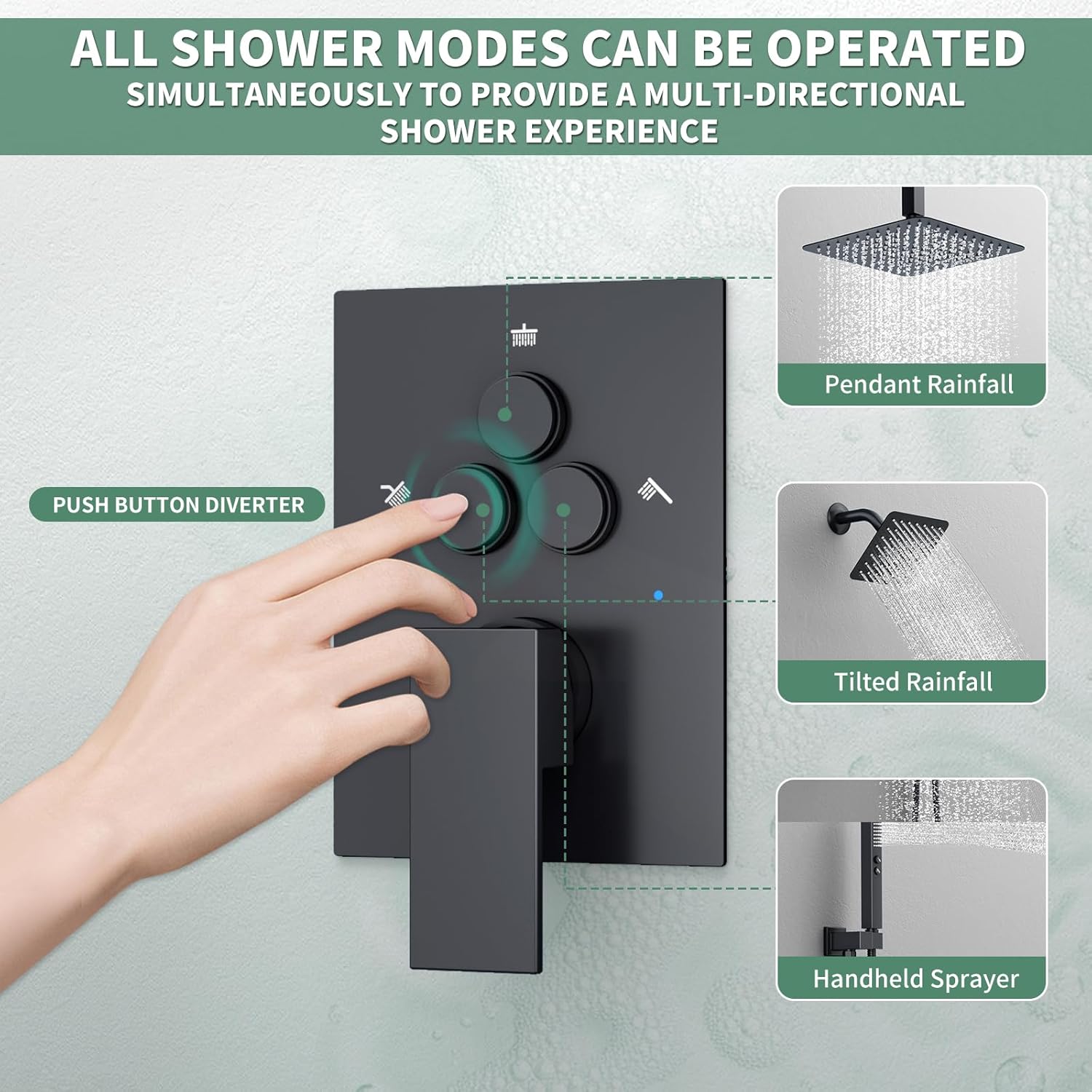 Shower System Shower Faucet Set - SunCleanse Matte Black 3-Way Push Button Diverter Shower Faucet Valve Kit with 10'' Ceiling 6'' Wall-Mounted Combo with Handheld, Dual Shower Heads for Couples