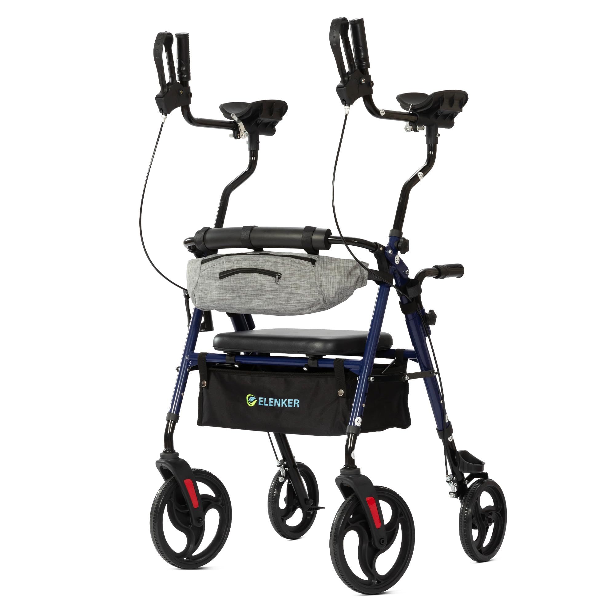 ELENKER Upright Rollator Walker, Stand Up Walkers for Seniors with Armrest, Front Pouch, 10”Wheels, Sponge Padded Seat and Backrest, Fully Adjustment Frame, Blue