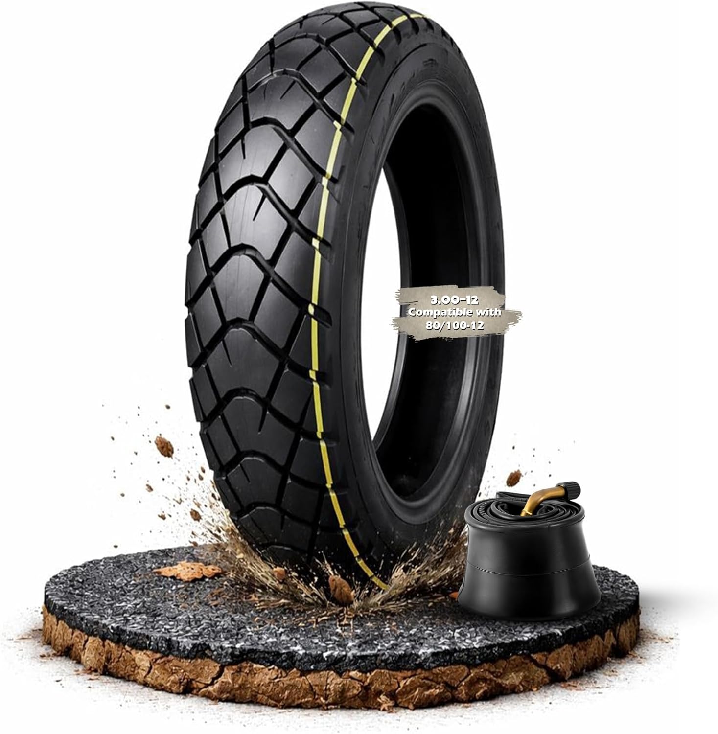 3.00-12 Dirt Bike Street Tire Tube Set, Compatible with 80/100-12, Heavy Duty Steel Bead Construction, Street-Oriented Flat Tread Design, 55j Load Rating, Max Load 480 Lbs, 300 Kpa Rated Pressure