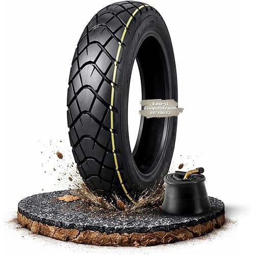 3.00-12 Dirt Bike Street Tire Tube Set, Compatible with 80/100-12, Heavy Duty Steel Bead Construction, Street-Oriented Flat Tread Design, 55j Load Rating, Max Load 480 Lbs, 300 Kpa Rated Pressure