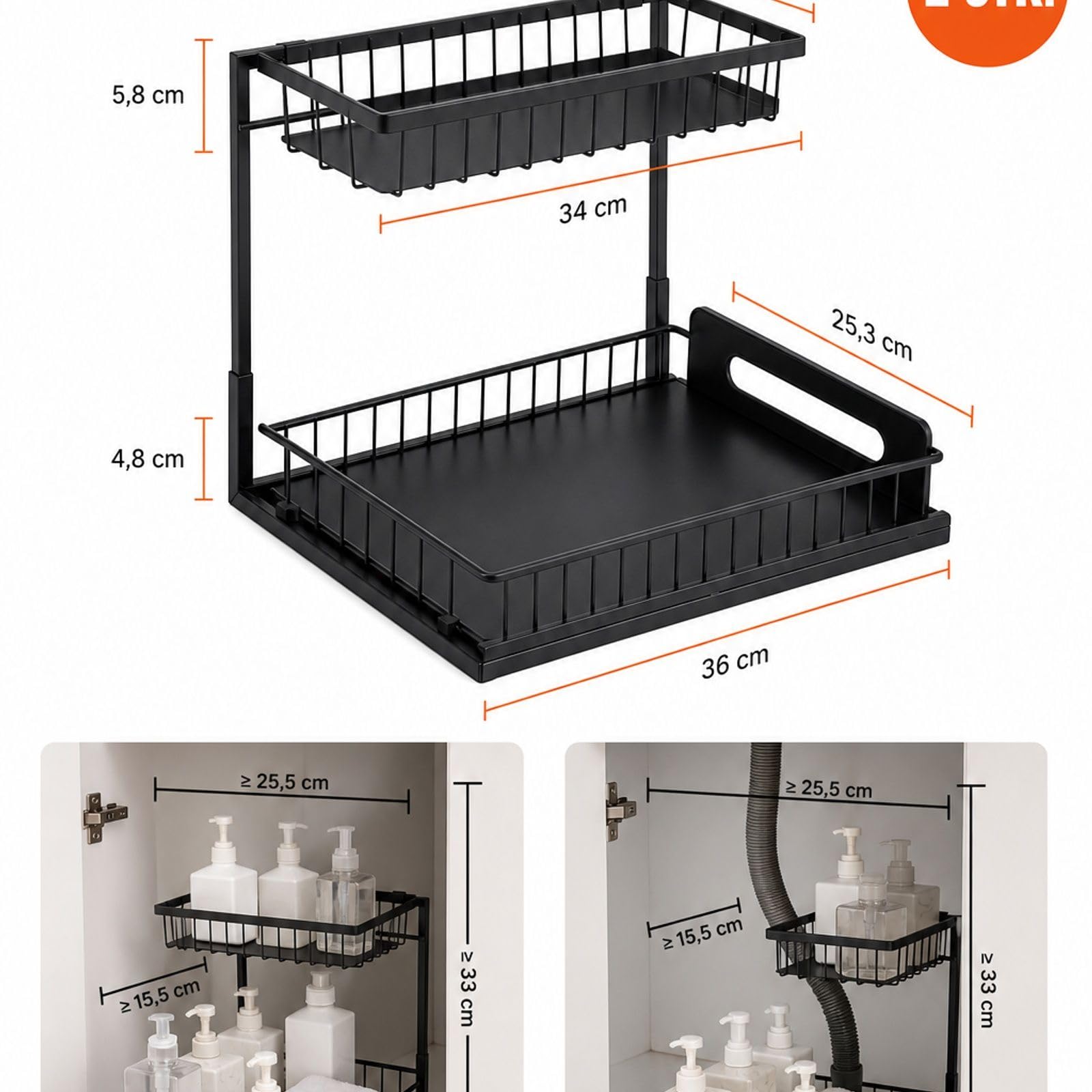 2er Set ausziehbarer Organizer unter der Spüle, 2-stufiges Regal für Küchenschrank und Bad