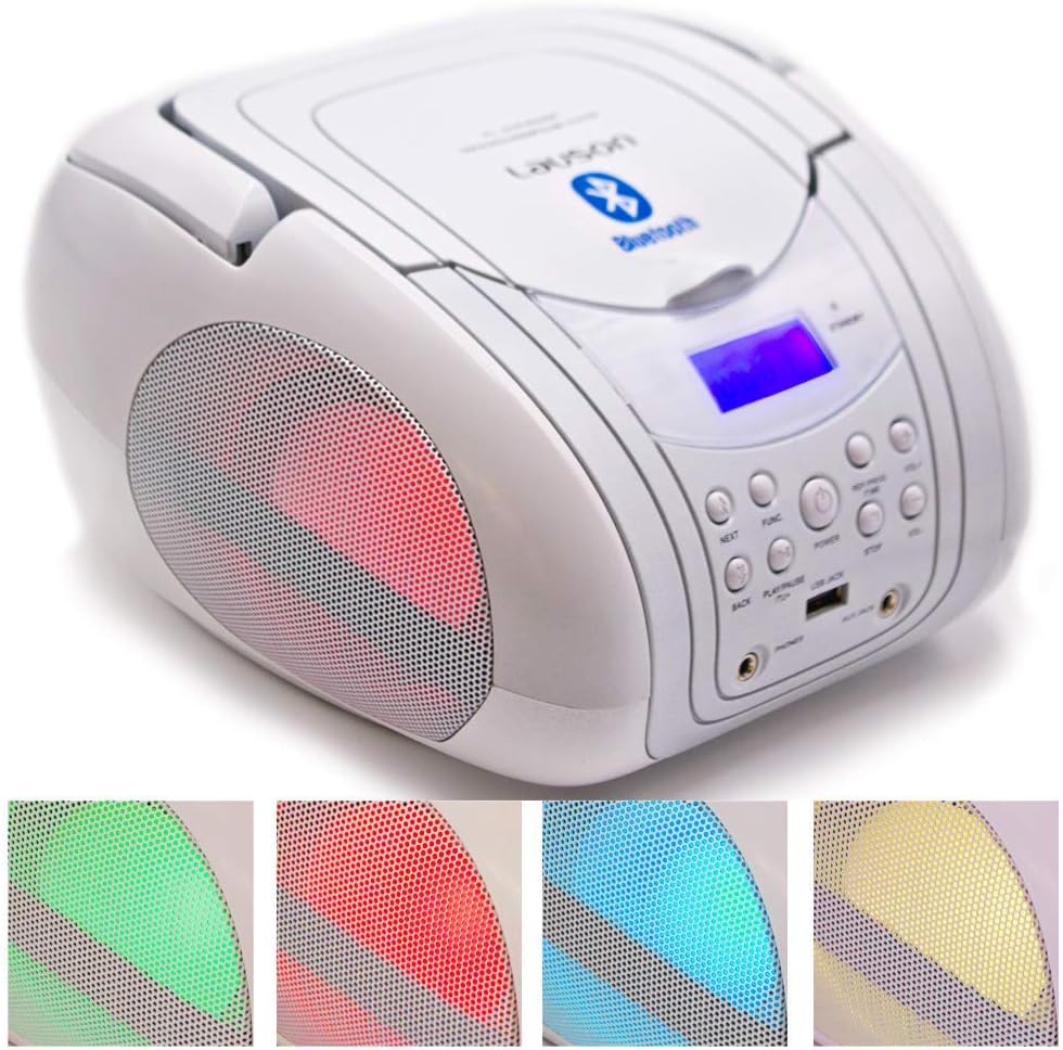 Lauson CP756 CD Player Radio | Digital Boombox with Bluetooth, FM Radio and Multicolor LED Lights in Speakers | MP3 Player with USB Port and Headphone AUX Jack | Portable Stereo Player (White Lights)