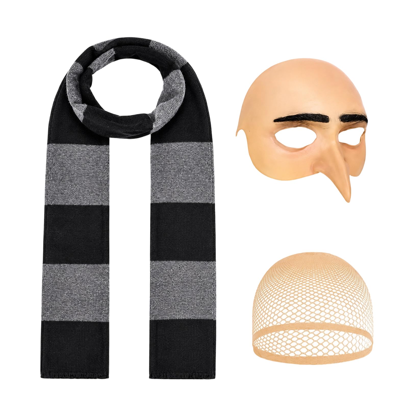 JrnSvp Gru Costume, Halloween Costume, Pack of 3 Fancy Dress Costumes, Carnival Costume, Halloween Costume for Adults, Grey Fancy Dress with Bald Cap, Net Hood
