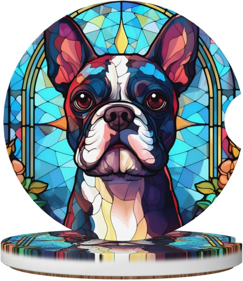 Boston Terrier Stained Dog Breed Glass Art Ceramic Car Cup Holder Coasters 2 Pcs, Anti Slip Removable