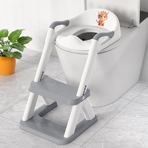 SKYROKU - Asiento para orinal para inodoro con escalera, base estabilizada triangular 2 en 1, asiento de inodoro para niños pequeños con protector