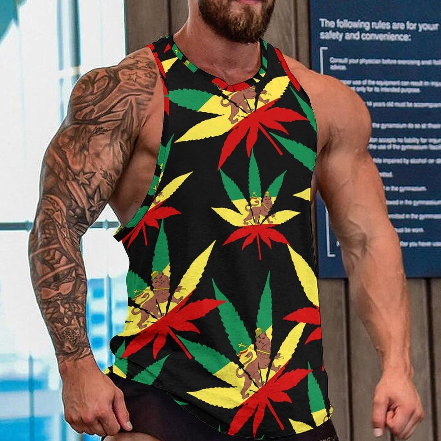 Jamaica Weed Rasta Lion Leaf Mens Tank Tops Sleeveless Muscle Shirts Beach Casual Gym Shirt Vest Tee Tops