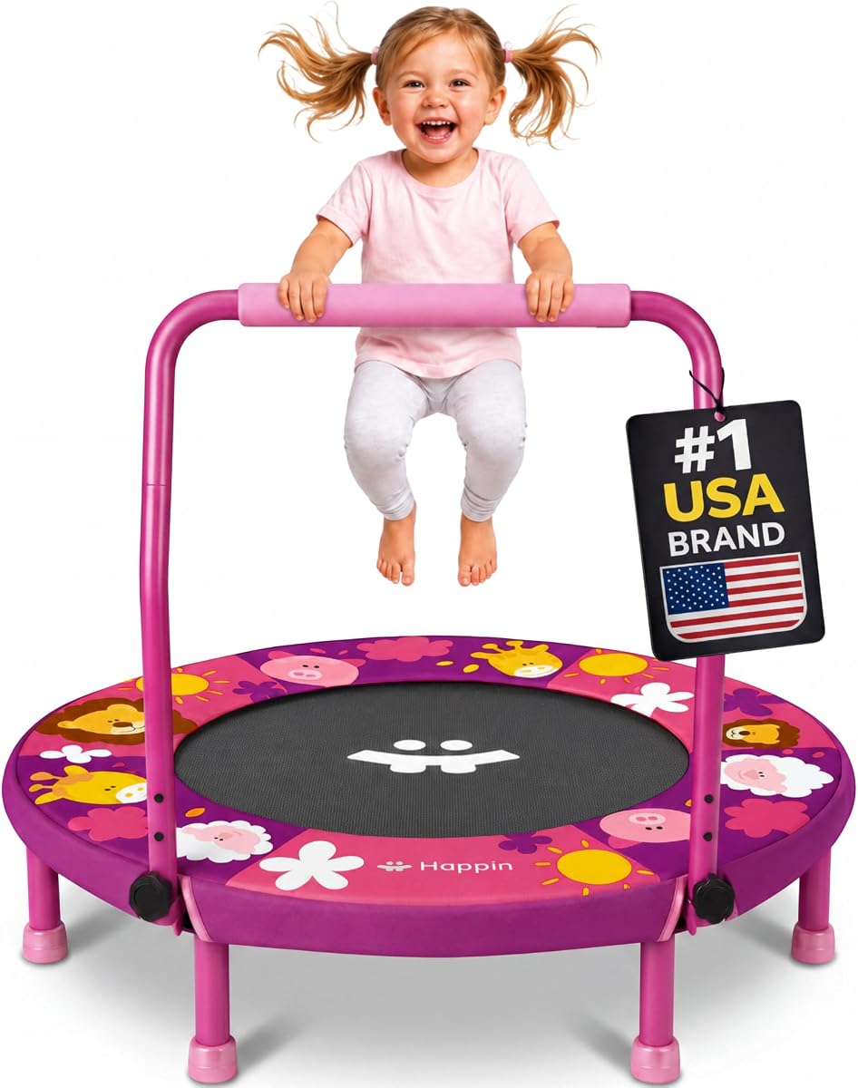 36'' Toddler Trampoline Indoor, Foldable Mini Trampoline for Kids Ages 2-6, ASTM Certified, Adjustable Handle, Safety Pad for Indoor & Outdoor, Baby Trampolines, for Boy & Girl