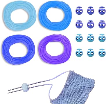 GeryVtee Cord Lock Kit Knitting Stitches Holder Barber Cord Stitch Markers Knit Stiches Keeper 12 Pcs Silicone Stitch Holders & 4 Rolls Round Barber Cords for Knitting Projects Blue Style