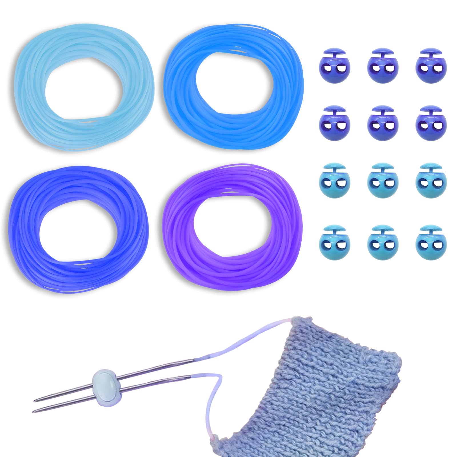 GeryVtee Cord Lock Kit Knitting Stitches Holder Barber Cord Stitch Markers Knit Stiches Keeper 36 Pcs Silicone Stitch Holders & 6 Rolls Round Barber Cords for Knitting Projects (Blue Style)