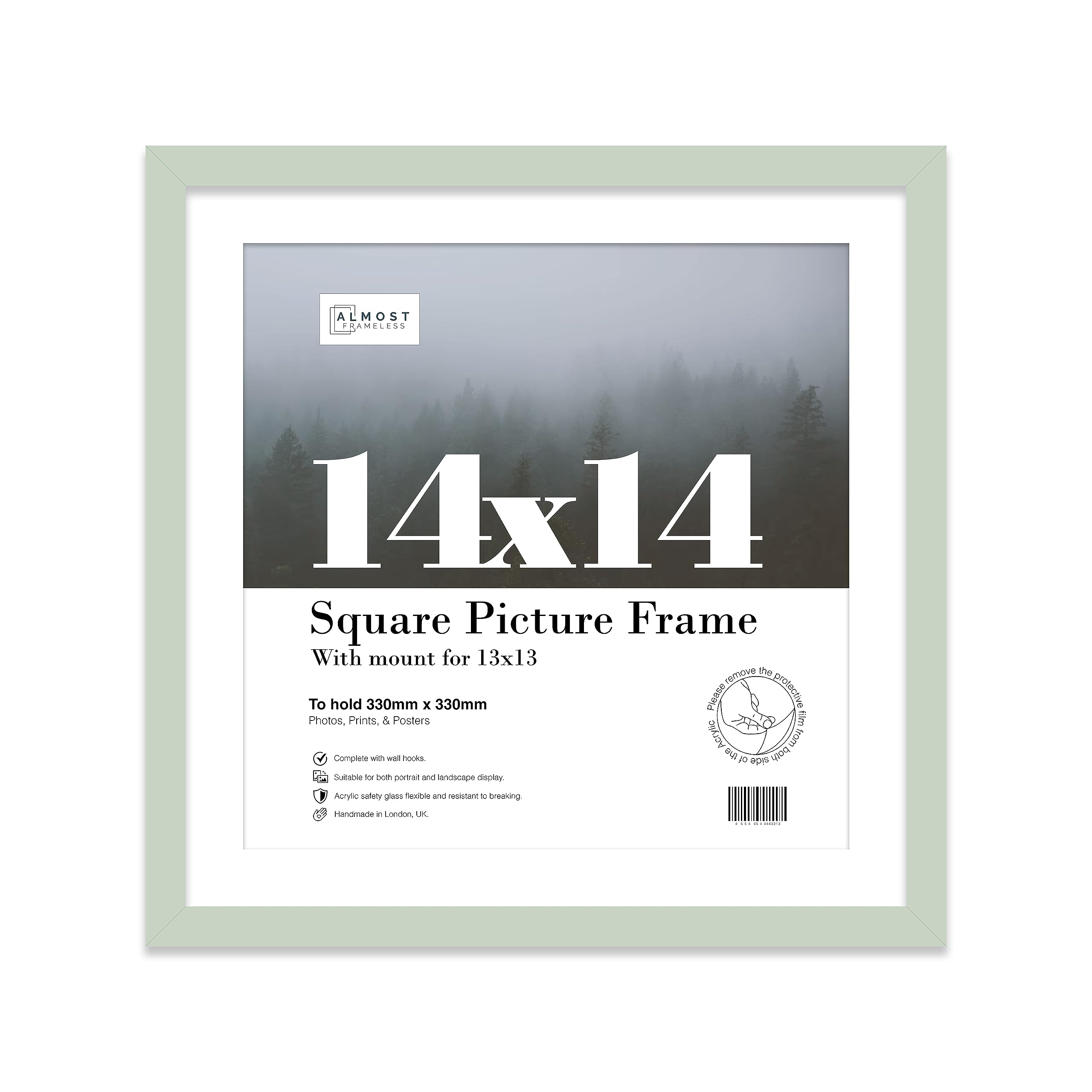 Almost Frameless 14x14 Picture Frame, Display Pictures 13x13 With Mat or 14x14 Without Mat, Wall Hanging Photo Frame, Mint, 1 Pack